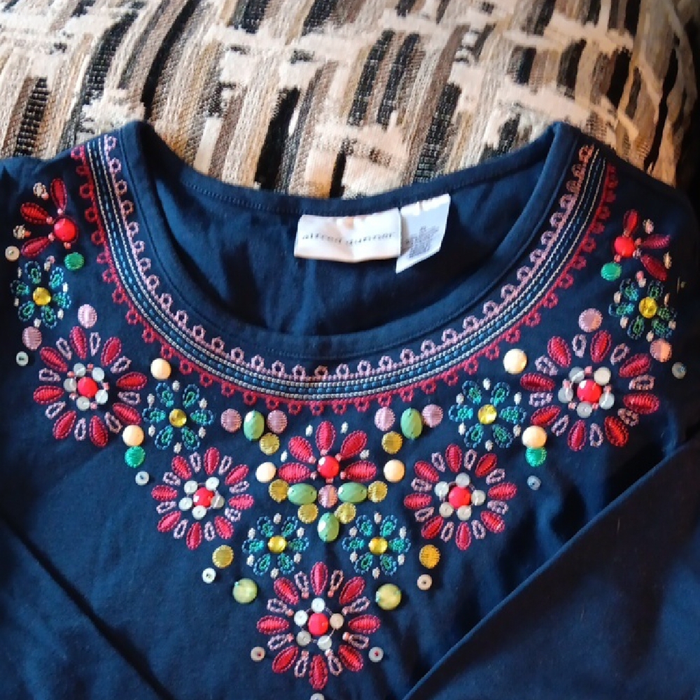 Alfred Dunner Navy Long Sleeve Top with Floral Embroidery - Picture 3 of 4